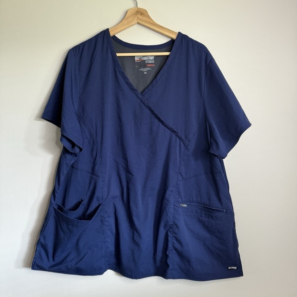 Grey's Anatomy Navy Blue Tabs In Back Nurses Uniform Scrub Top Size 2XL - Picture 1 of 6